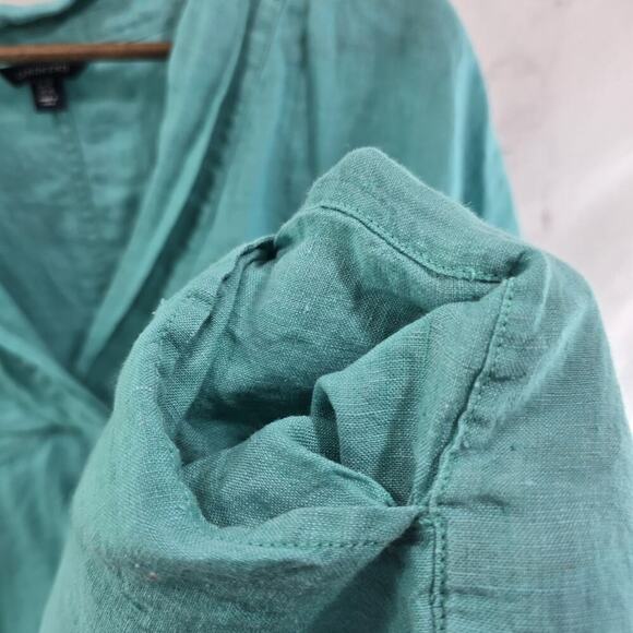 Lands End Shirt Womens Large P Blue Linen Short Sleeve Boxy Pockets Cuffed V - Picture 9 of 10